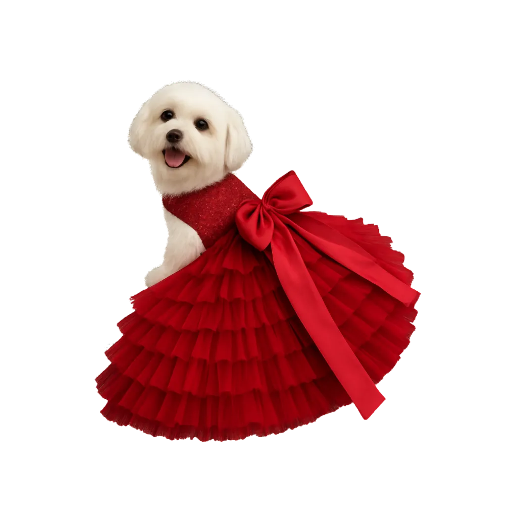 Red gown with dog.webp