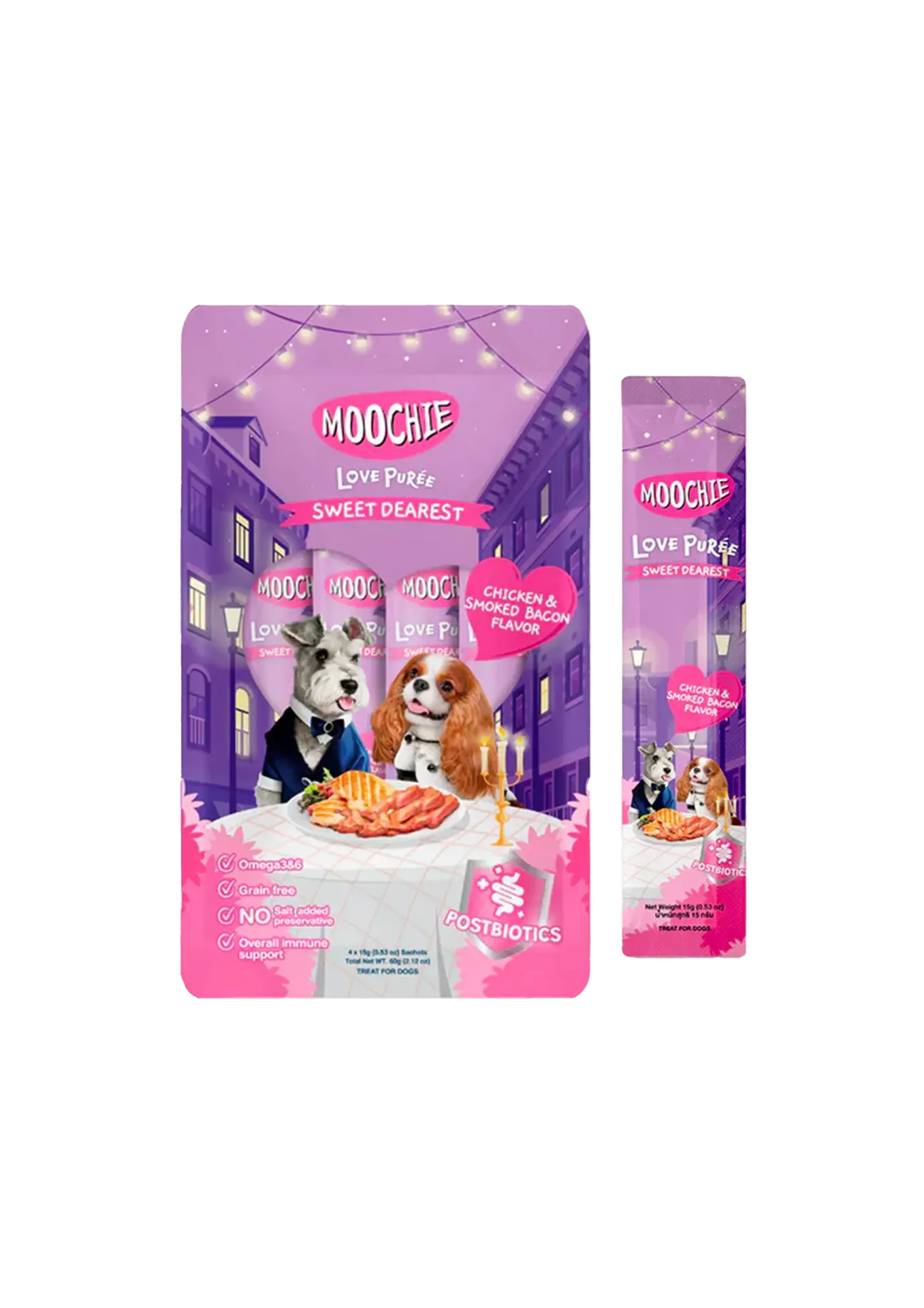 Moochie Love Puree Lickable Dog Treat Chicken Smoked Bacon - 15gx4