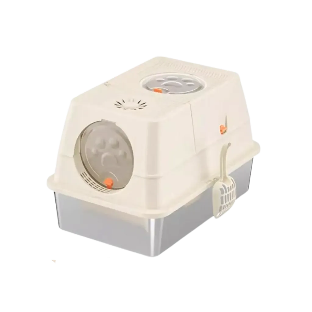 Flip-Top Stainless Metal Cat Litter Box - 60L (Beige)