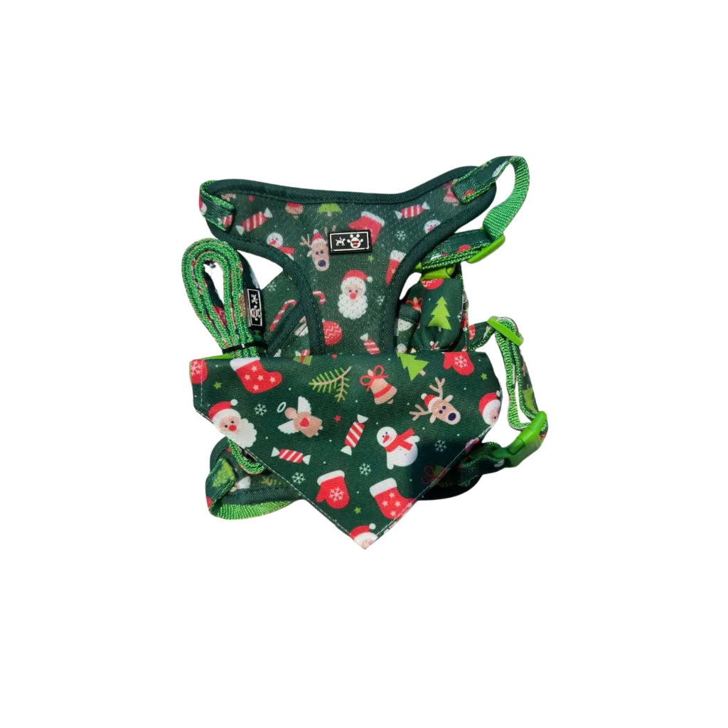 Green Christmas Themed Pet Harness Leash - Medium