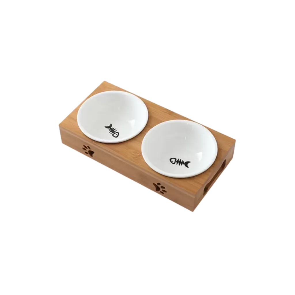 Ceramic Fish Bone Pet Bowl with Bamboo Tray
